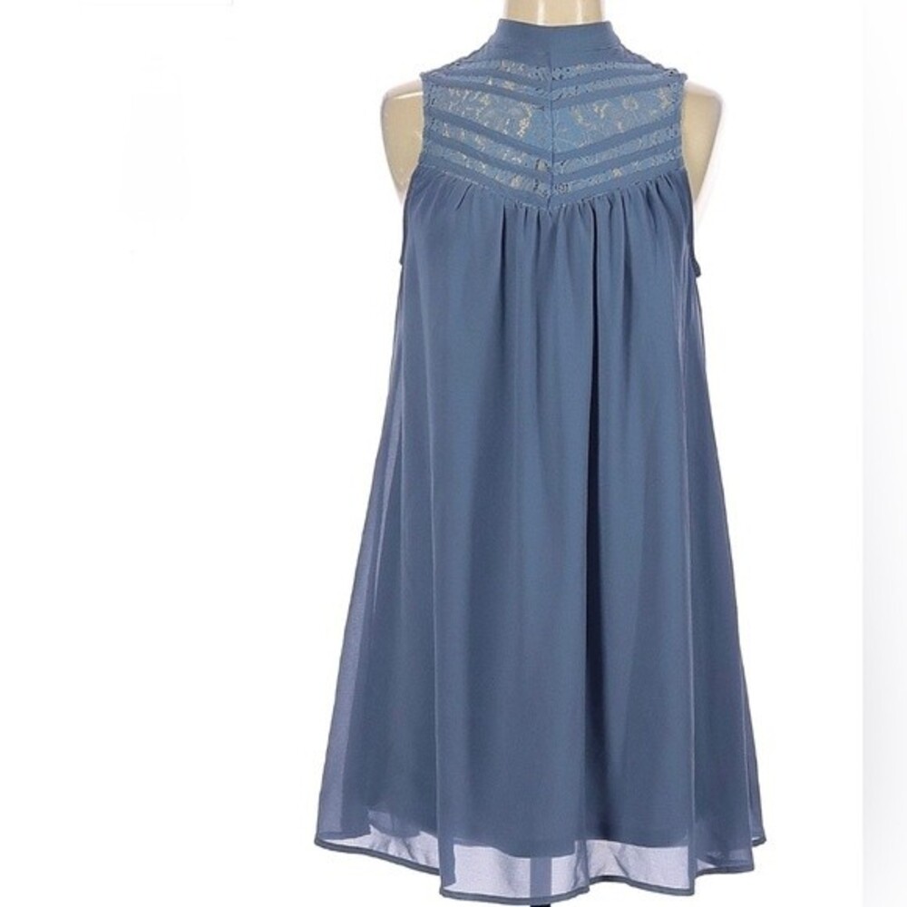 Lace yoke mock neck steel blue chiffon dress size XS